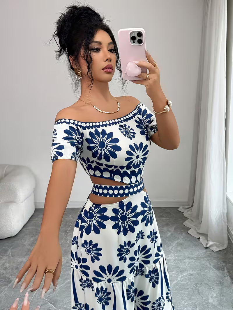Floral Off-Shoulder Waist Cutout Dress