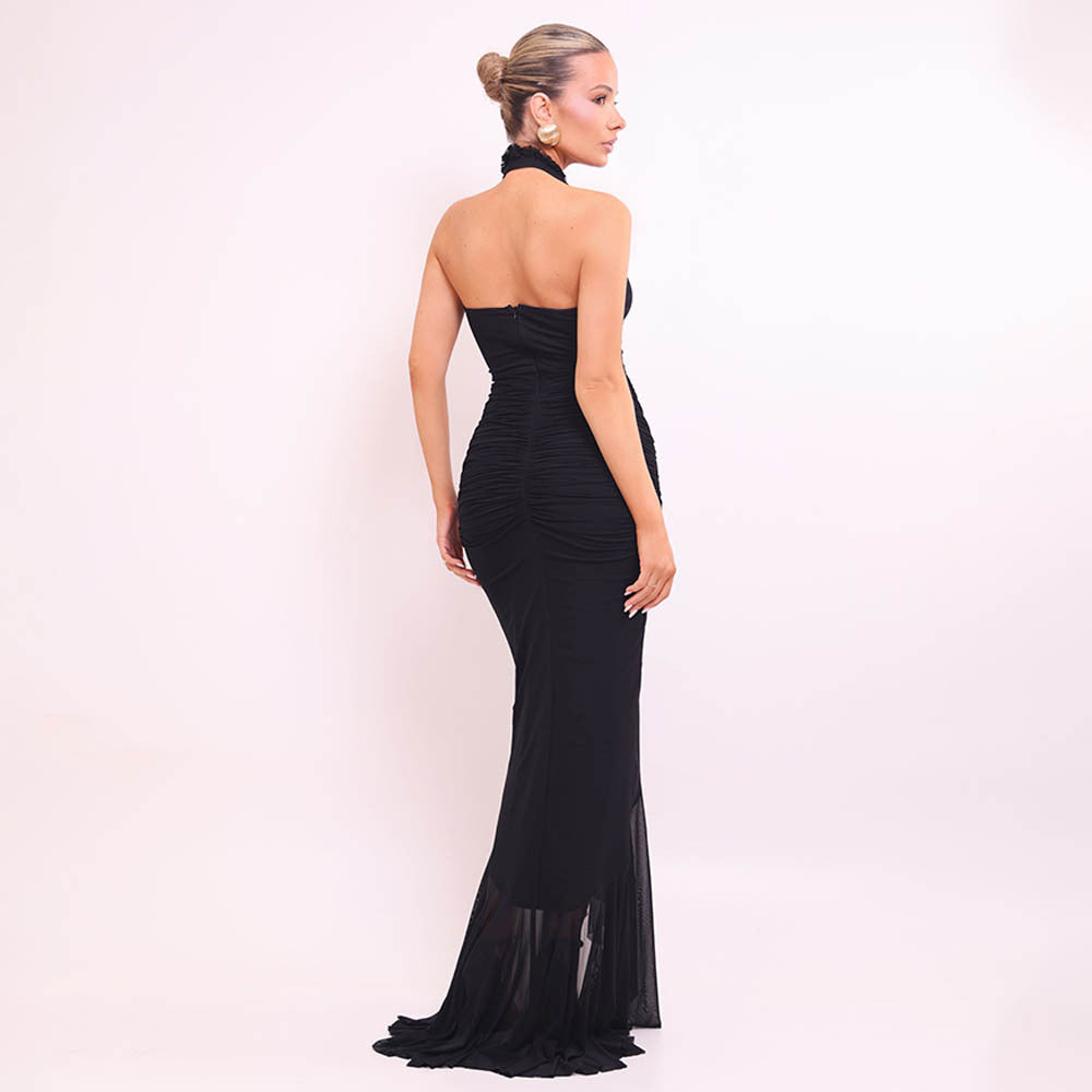 Halter Neck Ruched Mermaid Maxi Dress | Open Back Mesh Bodycon Evening Gown | Mother’s Day Dress