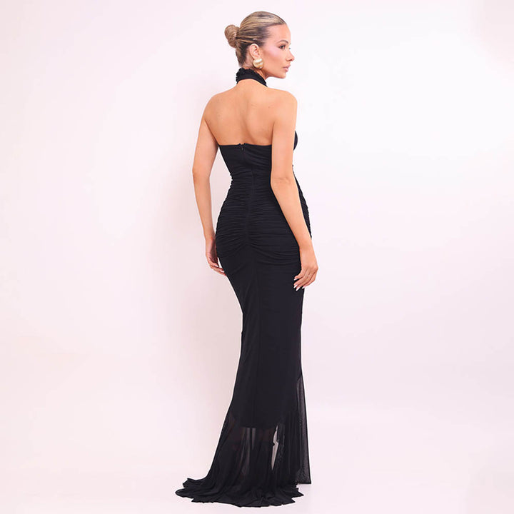 Halter Neck Ruched Mermaid Maxi Dress | Open Back Mesh Bodycon Evening Gown | Mother’s Day Dress