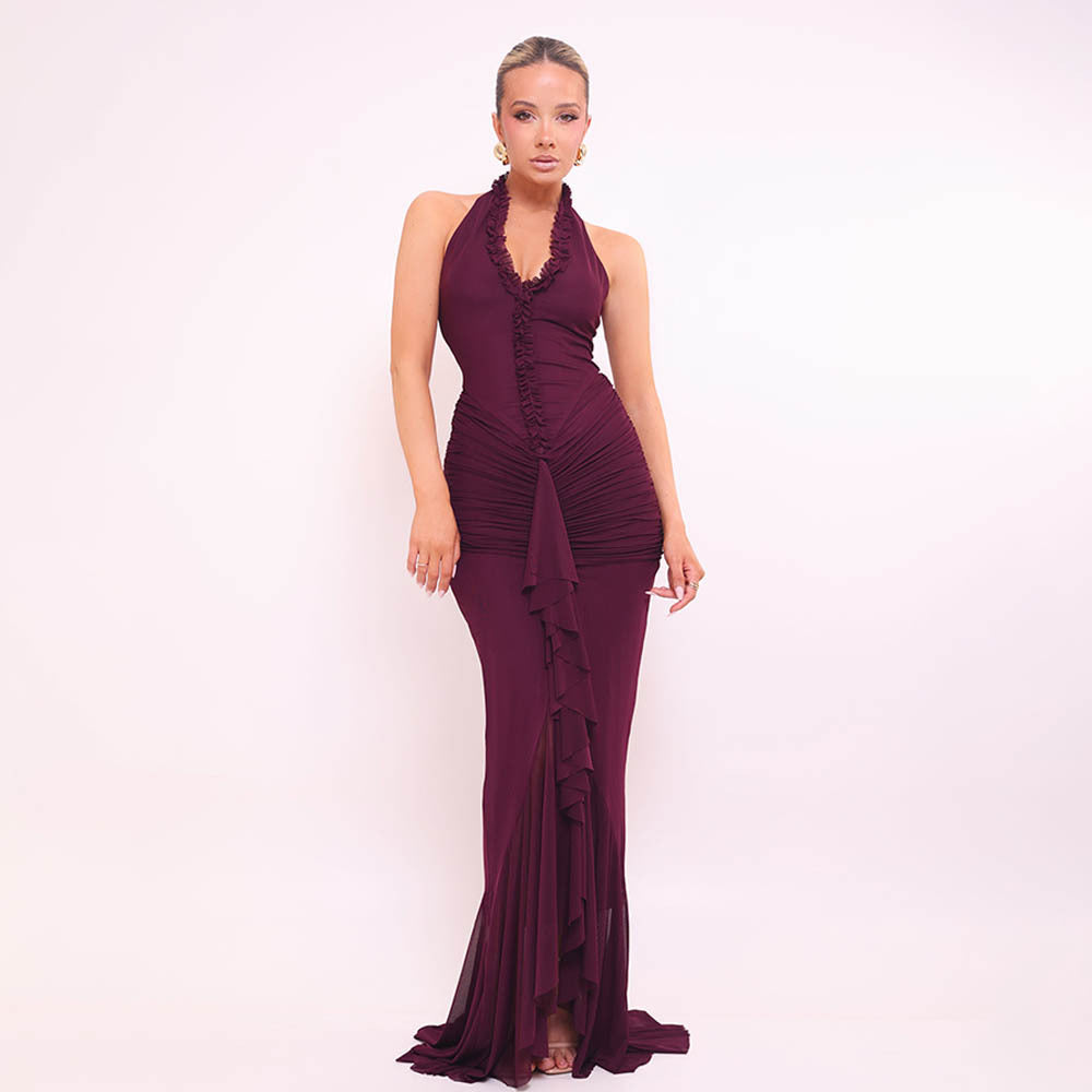 Halter Neck Ruched Mermaid Maxi Dress | Open Back Mesh Bodycon Evening Gown | Mother’s Day Dress