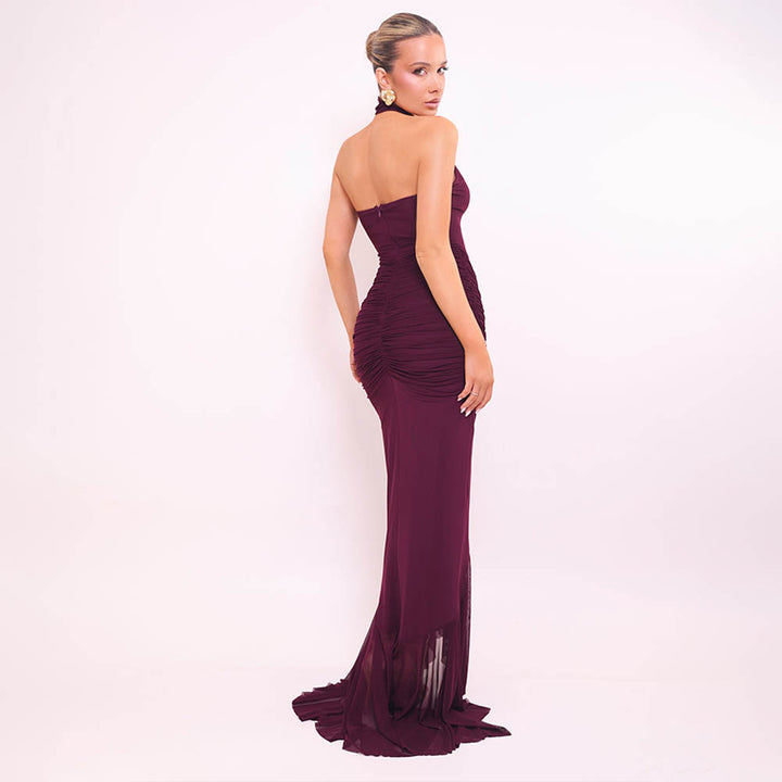 Halter Neck Ruched Mermaid Maxi Dress | Open Back Mesh Bodycon Evening Gown | Mother’s Day Dress