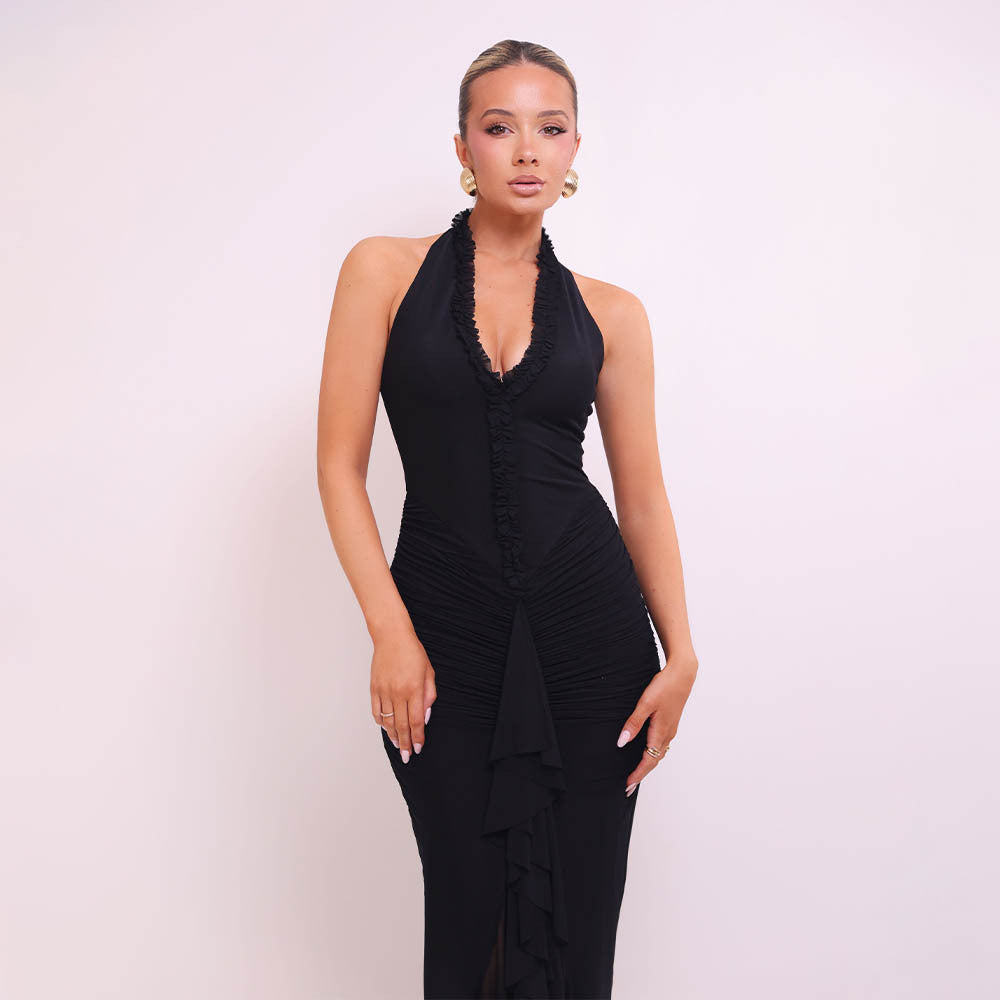 Halter Neck Ruched Mermaid Maxi Dress | Open Back Mesh Bodycon Evening Gown | Mother’s Day Dress