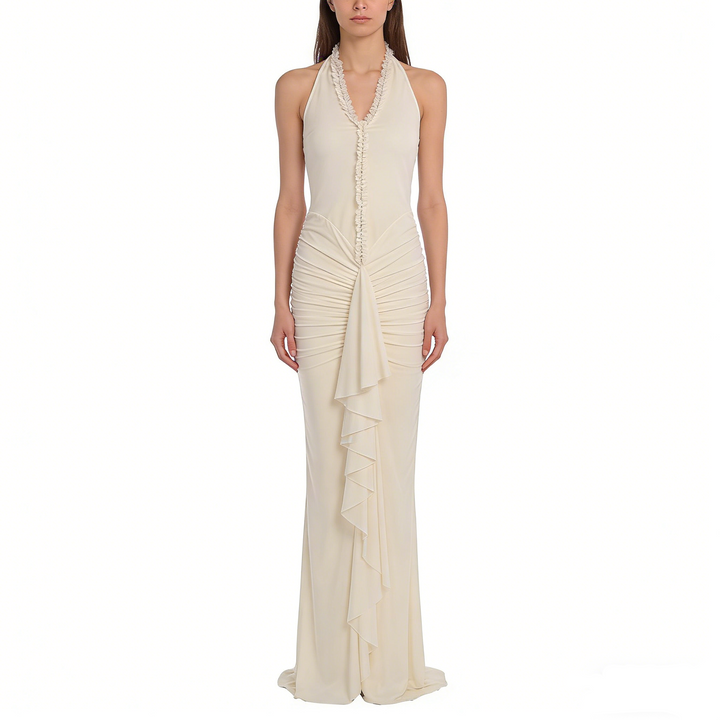 Halter Neck Ruched Mermaid Maxi Dress | Open Back Mesh Bodycon Evening Gown | Mother’s Day Dress