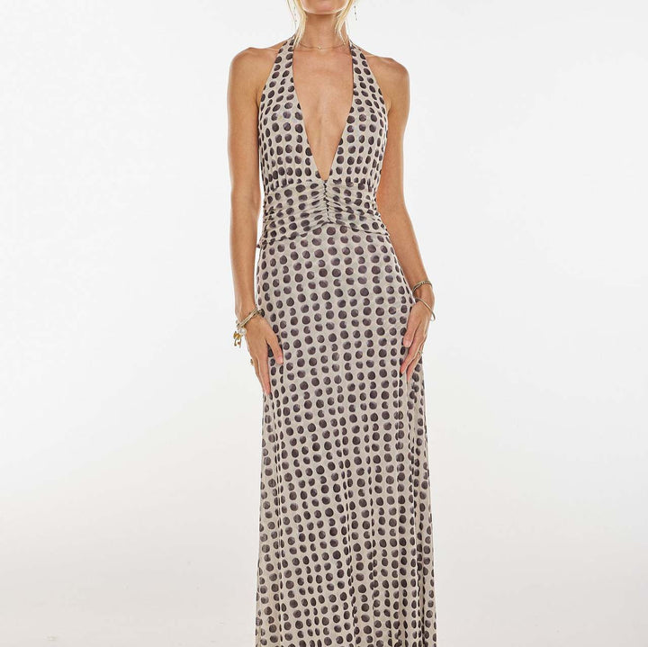 Halter Deep V Ruched Bodycon Maxi Dress | Olive Green Printed Mesh Evening Gown