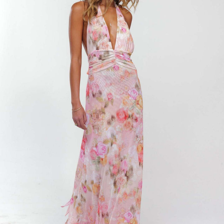 Halter Deep V Ruched Bodycon Maxi Dress | Olive Green Printed Mesh Evening Gown