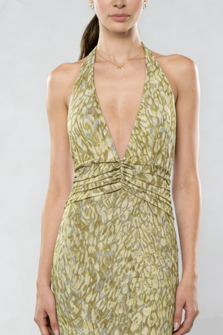 Halter Deep V Ruched Bodycon Maxi Dress | Olive Green Printed Mesh Evening Gown