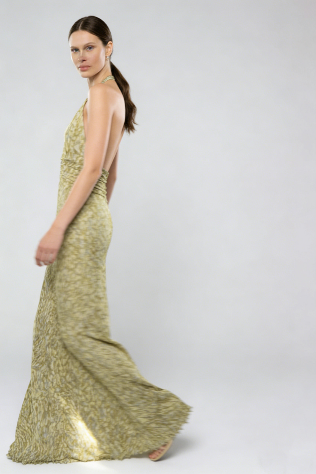 Halter Deep V Ruched Bodycon Maxi Dress | Olive Green Printed Mesh Evening Gown