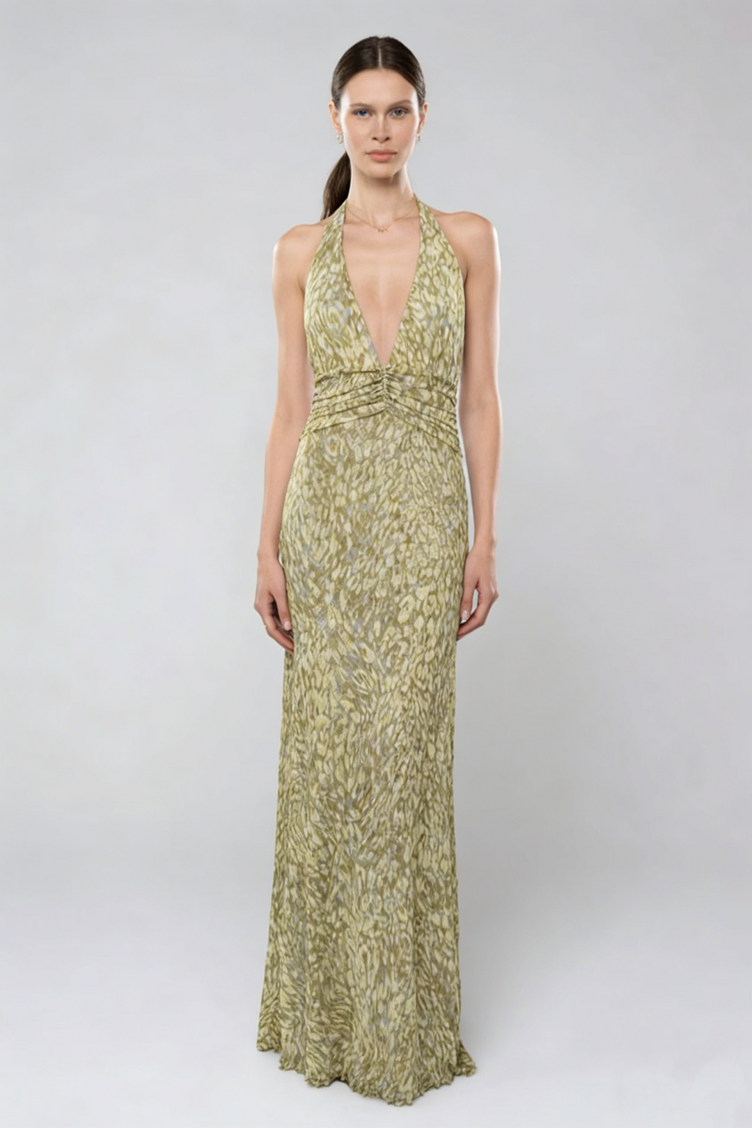 Halter Deep V Ruched Bodycon Maxi Dress | Olive Green Printed Mesh Evening Gown