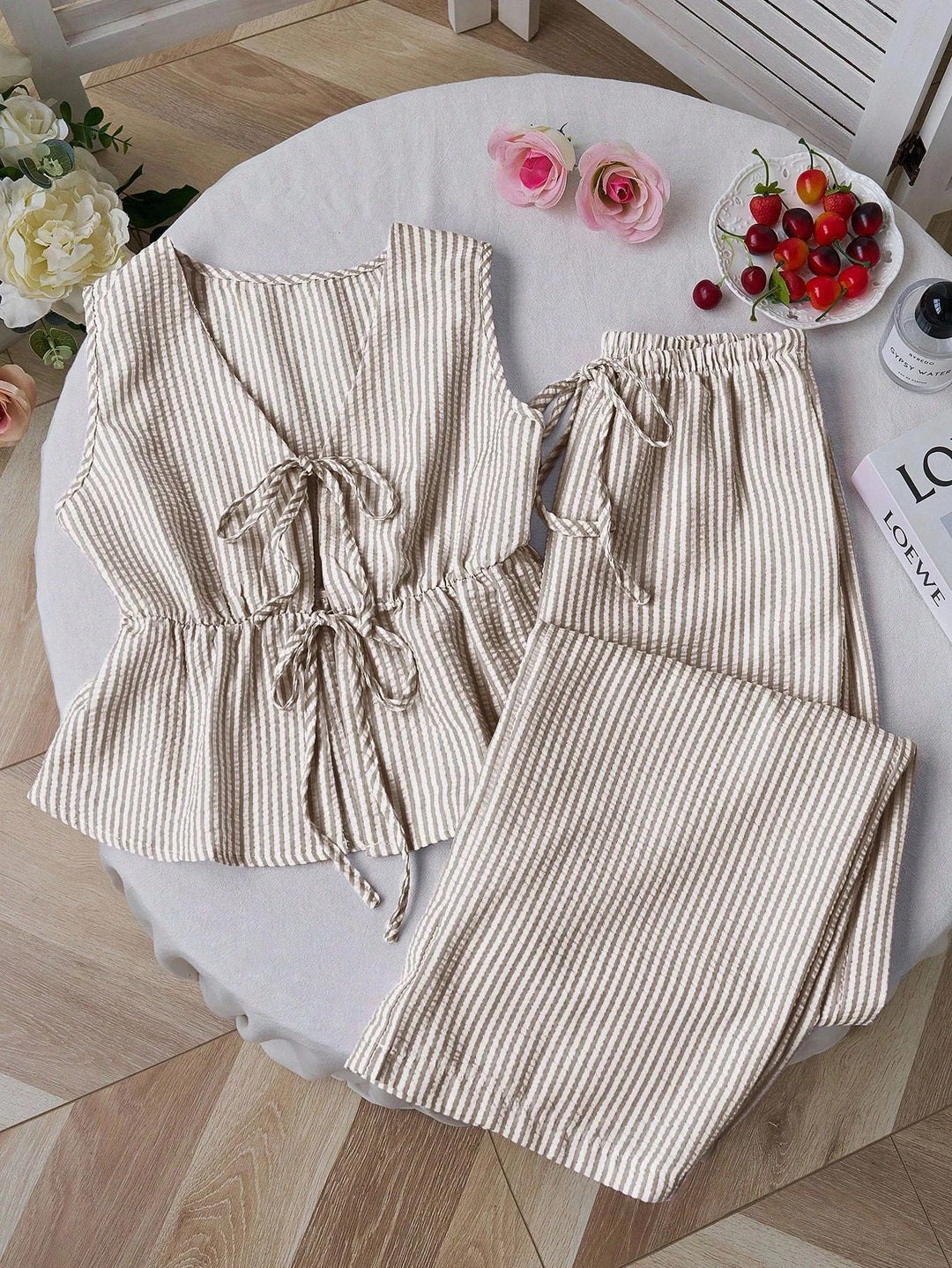 Striped Peplum Top &amp; Wide Leg Pants Set | Lightweight Cotton Two-Piece Outfit | Mother’s Day Gift