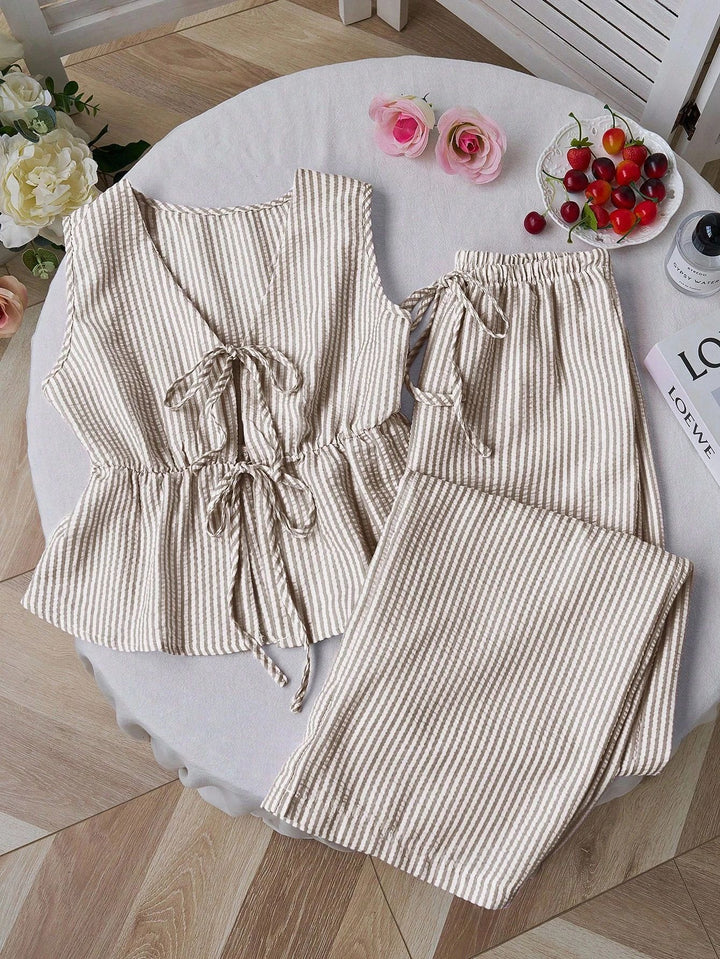Striped Peplum Top &amp; Wide Leg Pants Set | Lightweight Cotton Two-Piece Outfit | Mother’s Day Gift