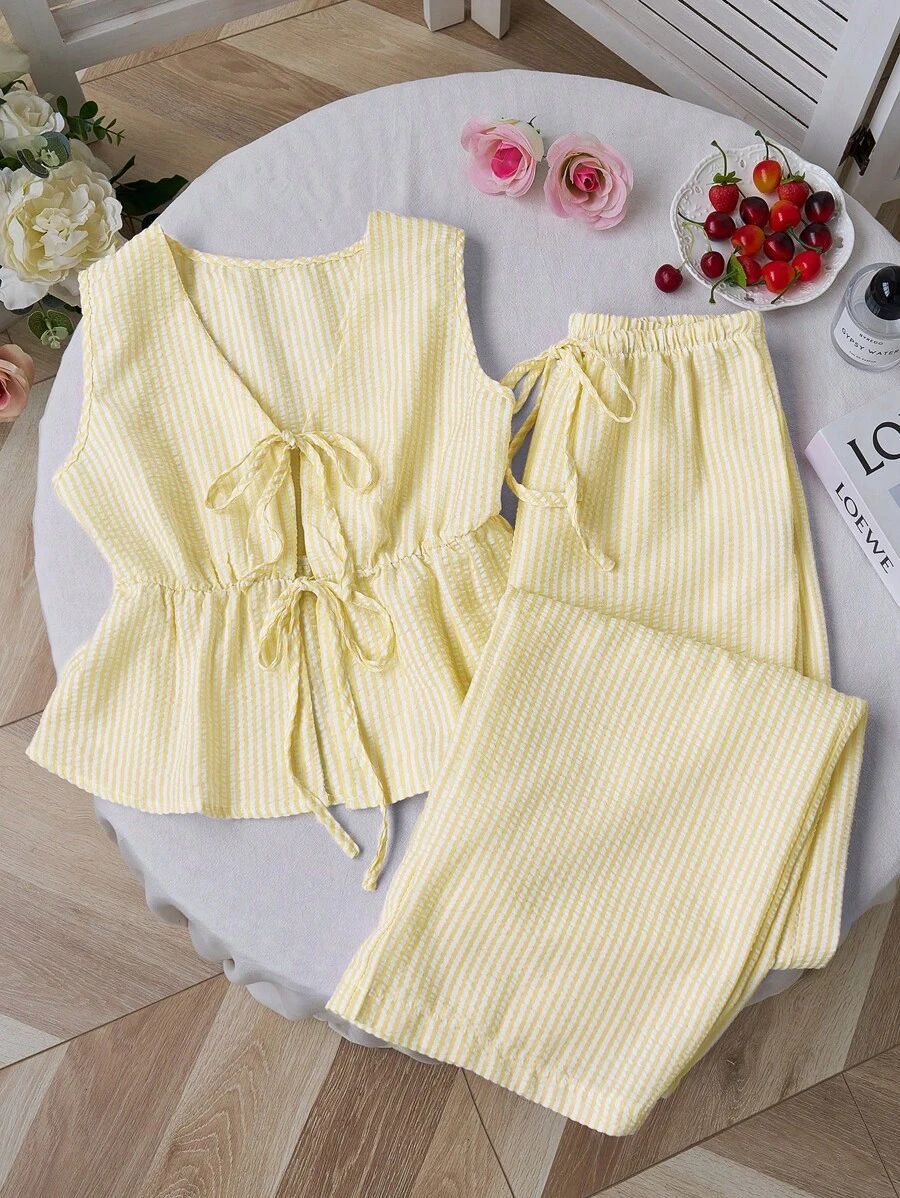 Striped Peplum Top &amp; Wide Leg Pants Set | Lightweight Cotton Two-Piece Outfit | Mother’s Day Gift