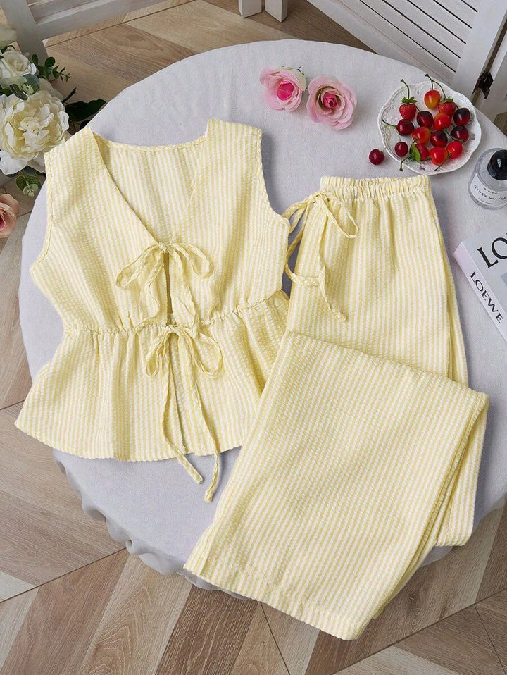Striped Peplum Top &amp; Wide Leg Pants Set | Lightweight Cotton Two-Piece Outfit | Mother’s Day Gift