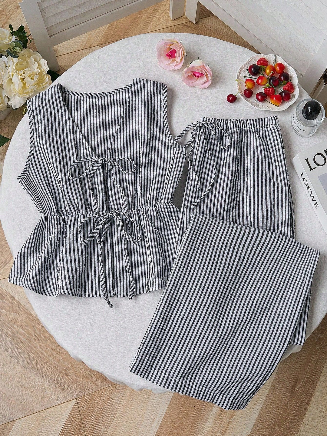 Striped Peplum Top &amp; Wide Leg Pants Set | Lightweight Cotton Two-Piece Outfit | Mother’s Day Gift