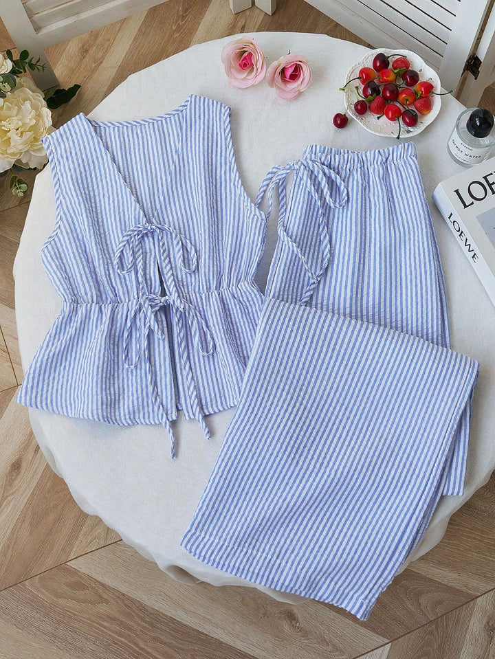 Striped Peplum Top &amp; Wide Leg Pants Set | Lightweight Cotton Two-Piece Outfit | Mother’s Day Gift