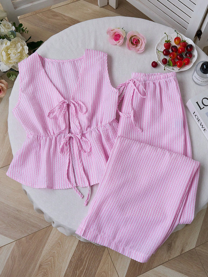 Striped Peplum Top &amp; Wide Leg Pants Set | Lightweight Cotton Two-Piece Outfit | Mother’s Day Gift