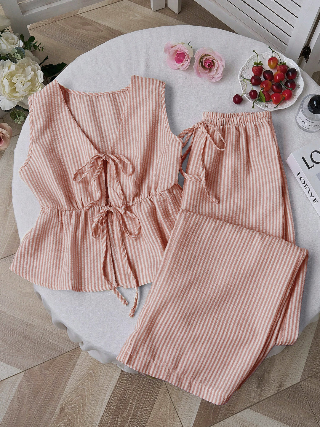 Striped Peplum Top &amp; Wide Leg Pants Set | Lightweight Cotton Two-Piece Outfit | Mother’s Day Gift