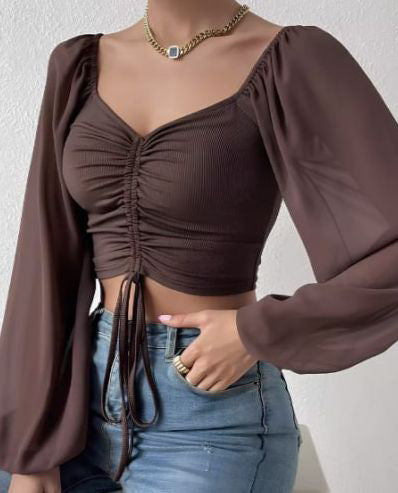 Square Neck Drawstring Ruched Crop Top |Puff Sleeve Square Neck Women&