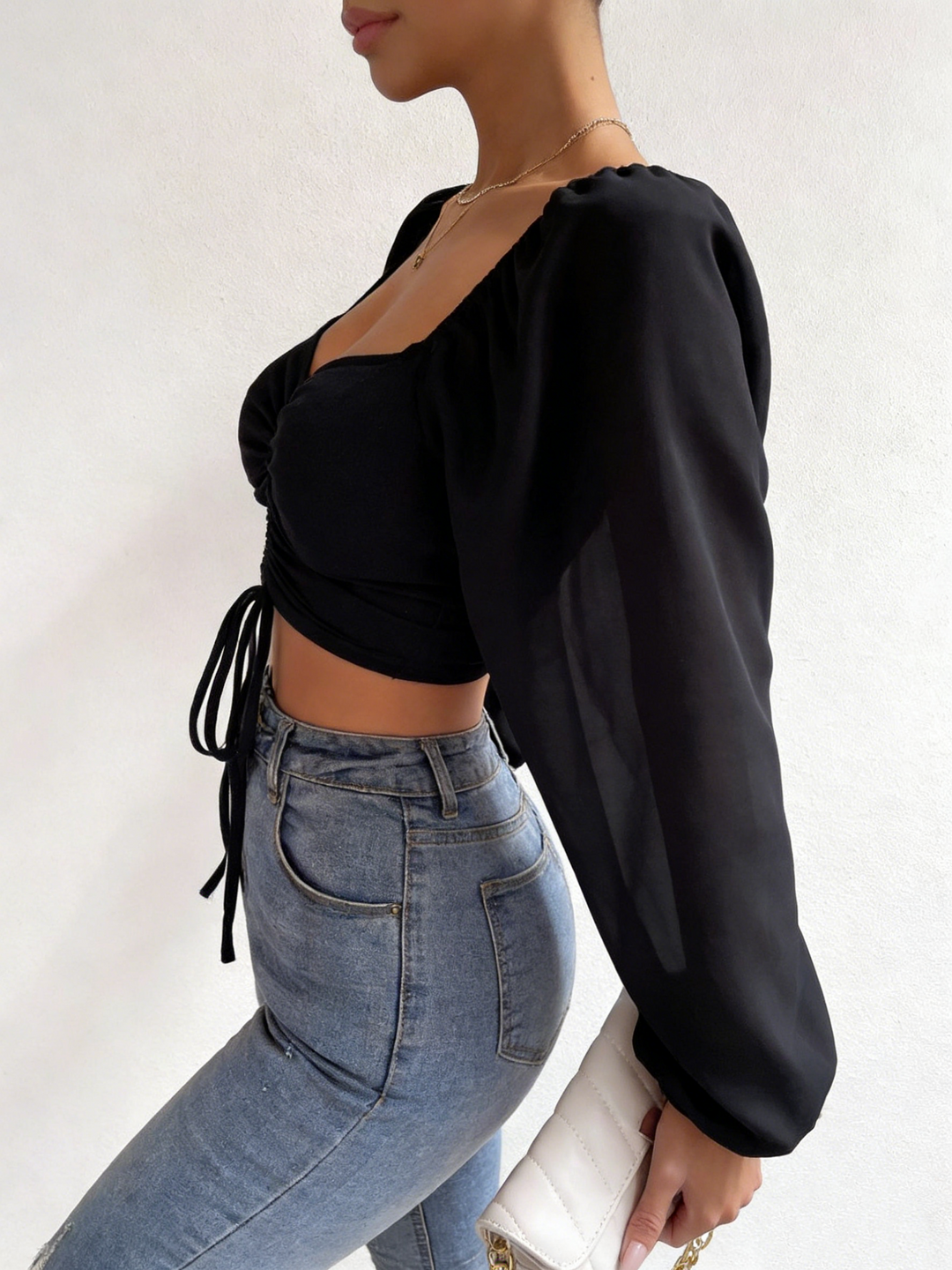 Square Neck Drawstring Ruched Crop Top |Puff Sleeve Square Neck Women&