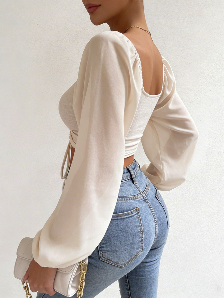 Square Neck Drawstring Ruched Crop Top |Puff Sleeve Square Neck Women&
