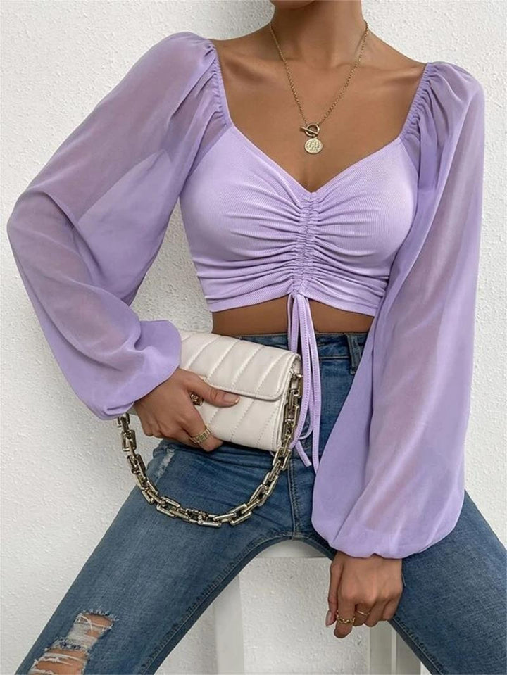 Square Neck Drawstring Ruched Crop Top |Puff Sleeve Square Neck Women&