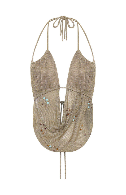 Beaded Halter Cowl-Neck Mesh Matching Set | Backless Top & Ruched Drawstring Shorts Set