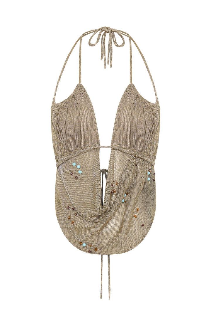 Beaded Halter Cowl-Neck Mesh Matching Set | Backless Top &amp; Ruched Drawstring Shorts Set