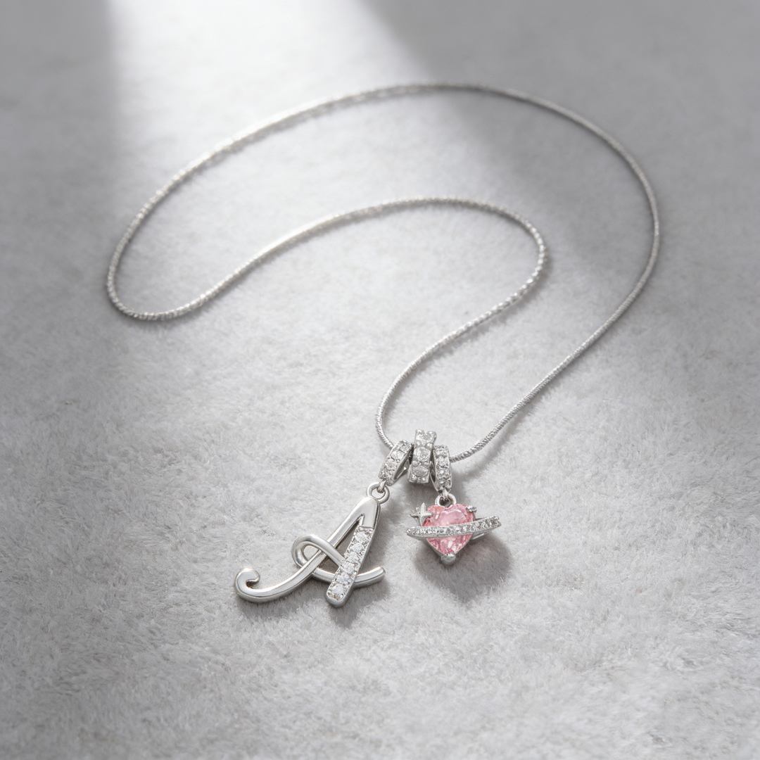 Personalized Pink Heart Saturn Initial Necklace – Dainty Gold &amp; Silver Letter Jewelry