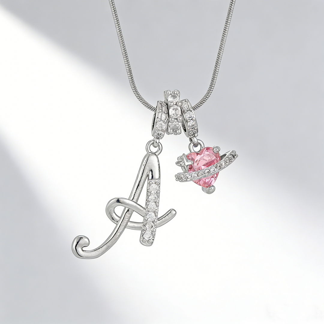 Personalized Pink Heart Saturn Initial Necklace – Dainty Gold &amp; Silver Letter Jewelry