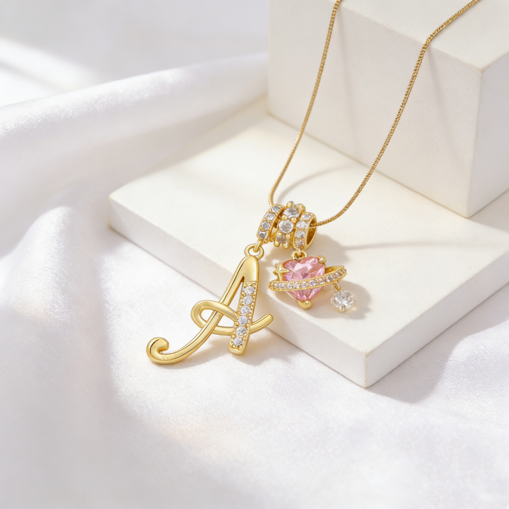 Personalized Pink Heart Saturn Initial Necklace – Dainty Gold &amp; Silver Letter Jewelry