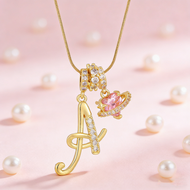 Personalized Pink Heart Saturn Initial Necklace – Dainty Gold &amp; Silver Letter Jewelry