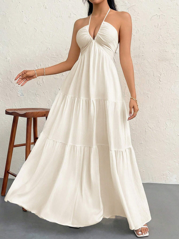 Halter Deep V Open Back Tiered Maxi Dress