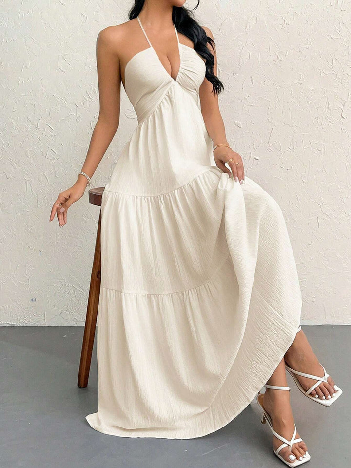 Halter Deep V Open Back Tiered Maxi Dress