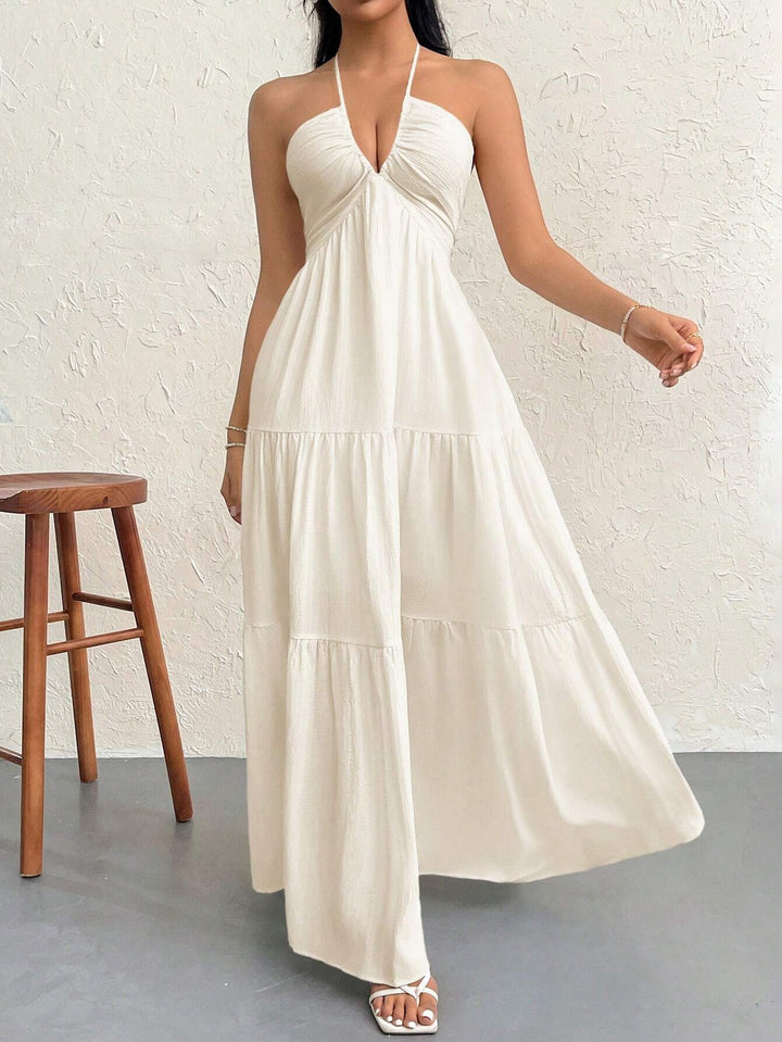 Halter Deep V Open Back Tiered Maxi Dress