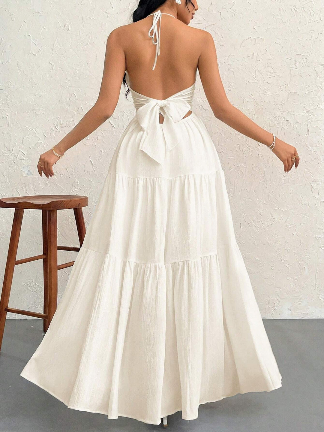 Halter Deep V Open Back Tiered Maxi Dress
