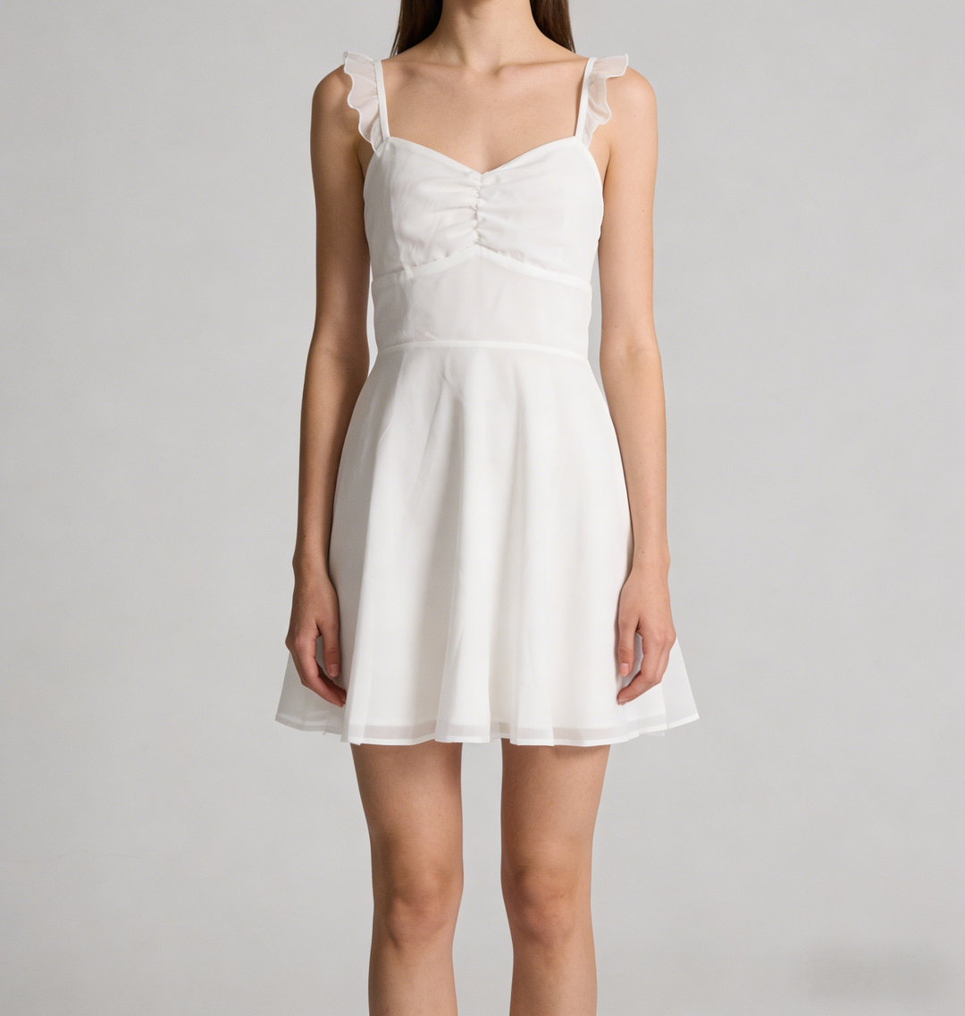 White Lace-Up Open Back Mini Dress | V-Neck Ruffle Strap A-Line Babydoll Sundress