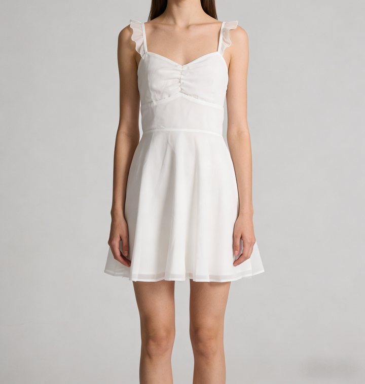White Lace-Up Open Back Mini Dress | V-Neck Ruffle Strap A-Line Babydoll Sundress