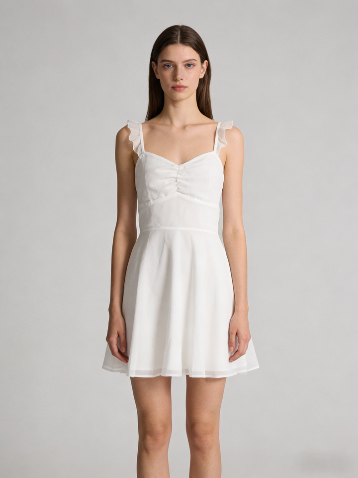 White Lace-Up Open Back Mini Dress | V-Neck Ruffle Strap A-Line Babydoll Sundress