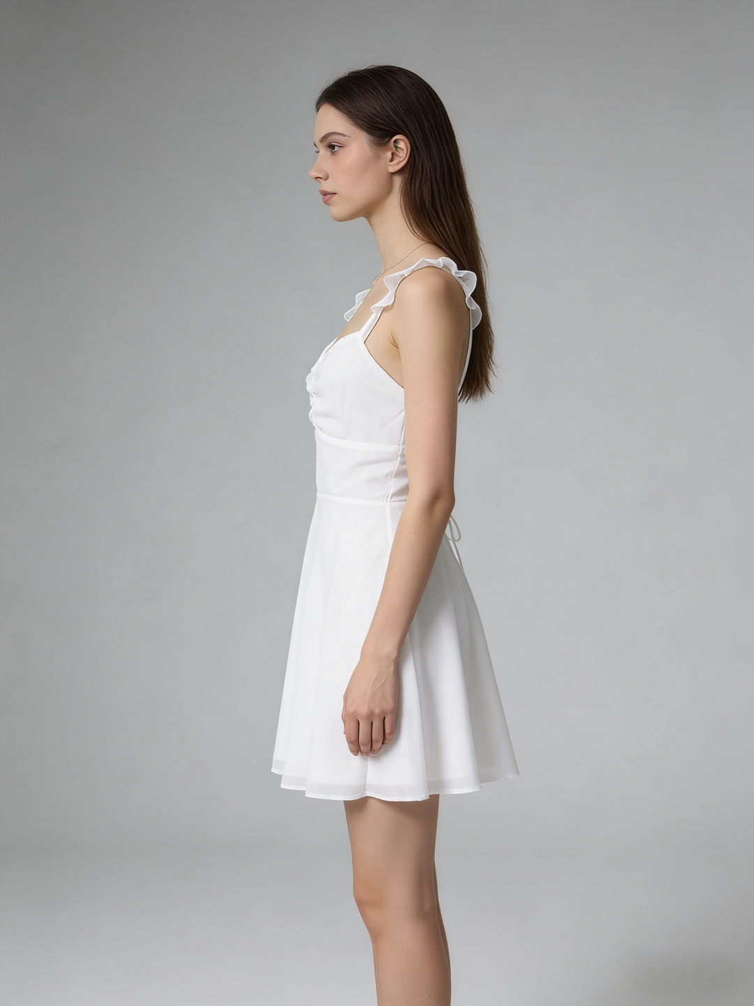 White Lace-Up Open Back Mini Dress | V-Neck Ruffle Strap A-Line Babydoll Sundress