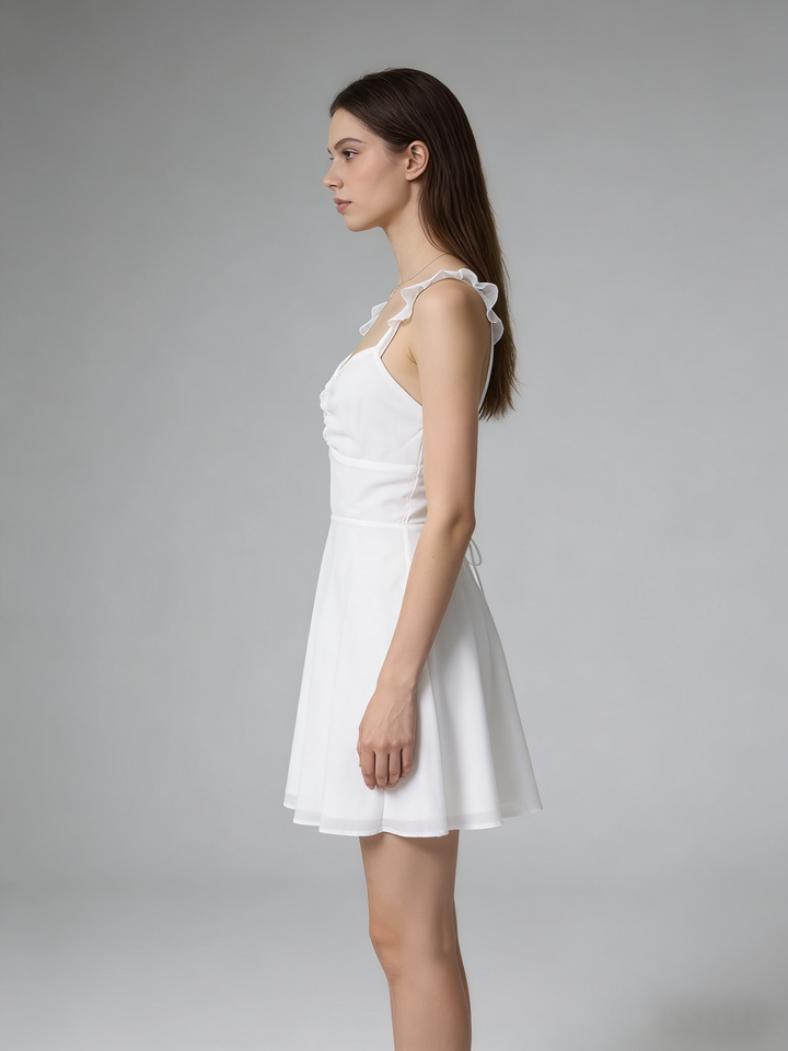 White Lace-Up Open Back Mini Dress | V-Neck Ruffle Strap A-Line Babydoll Sundress
