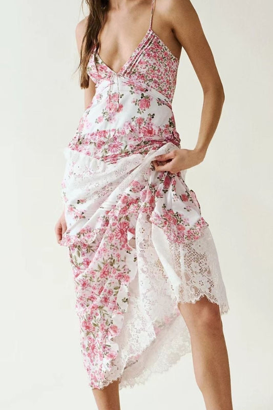 Boho Floral Lace Patchwork Maxi Dress | Deep V Open Back Ruffle Asymmetrical Chiffon Dress