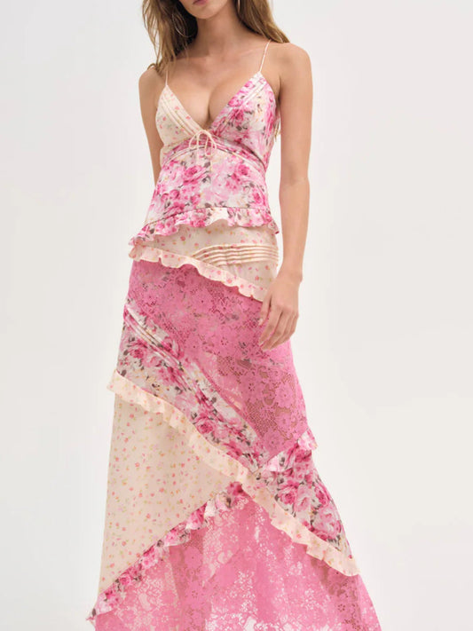 Boho Floral Lace Patchwork Maxi Dress | Deep V Open Back Ruffle Asymmetrical Chiffon Dress