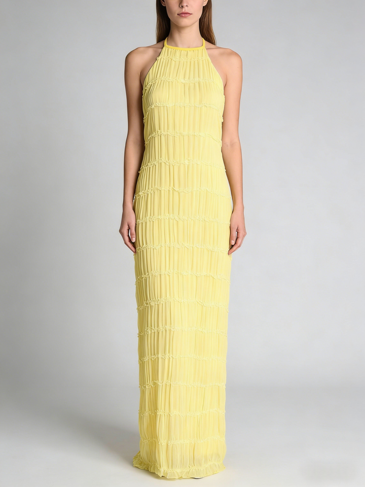 Cream Smocked Halter Maxi Dress | Sleeveless Crinkle Cotton A-Line Beach Dress
