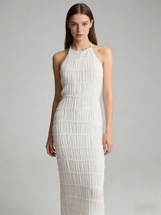 Cream Smocked Halter Maxi Dress | Sleeveless Crinkle Cotton A-Line Beach Dress