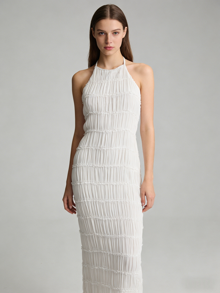 Cream Smocked Halter Maxi Dress | Sleeveless Crinkle Cotton A-Line Beach Dress