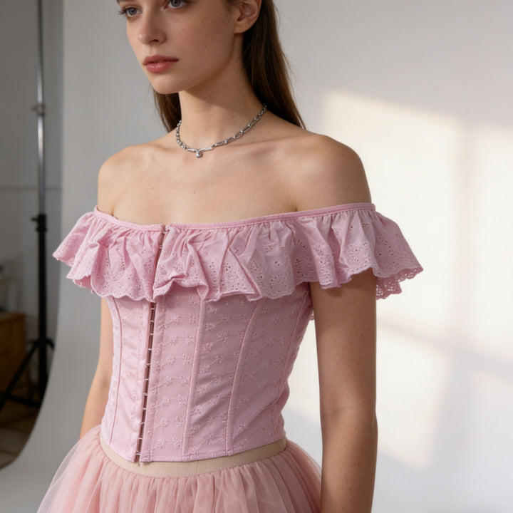 Off Shoulder Ruffle Corset Crop Top | Embroidered Lace-Up Back Bardot Blouse
