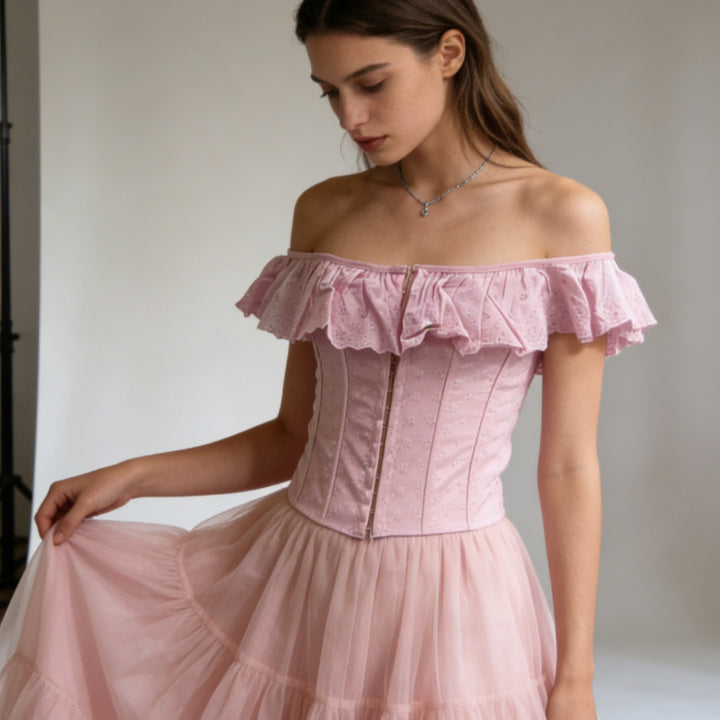Off Shoulder Ruffle Corset Crop Top | Embroidered Lace-Up Back Bardot Blouse