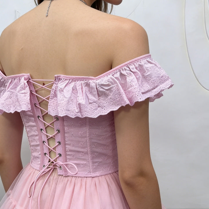Off Shoulder Ruffle Corset Crop Top | Embroidered Lace-Up Back Bardot Blouse