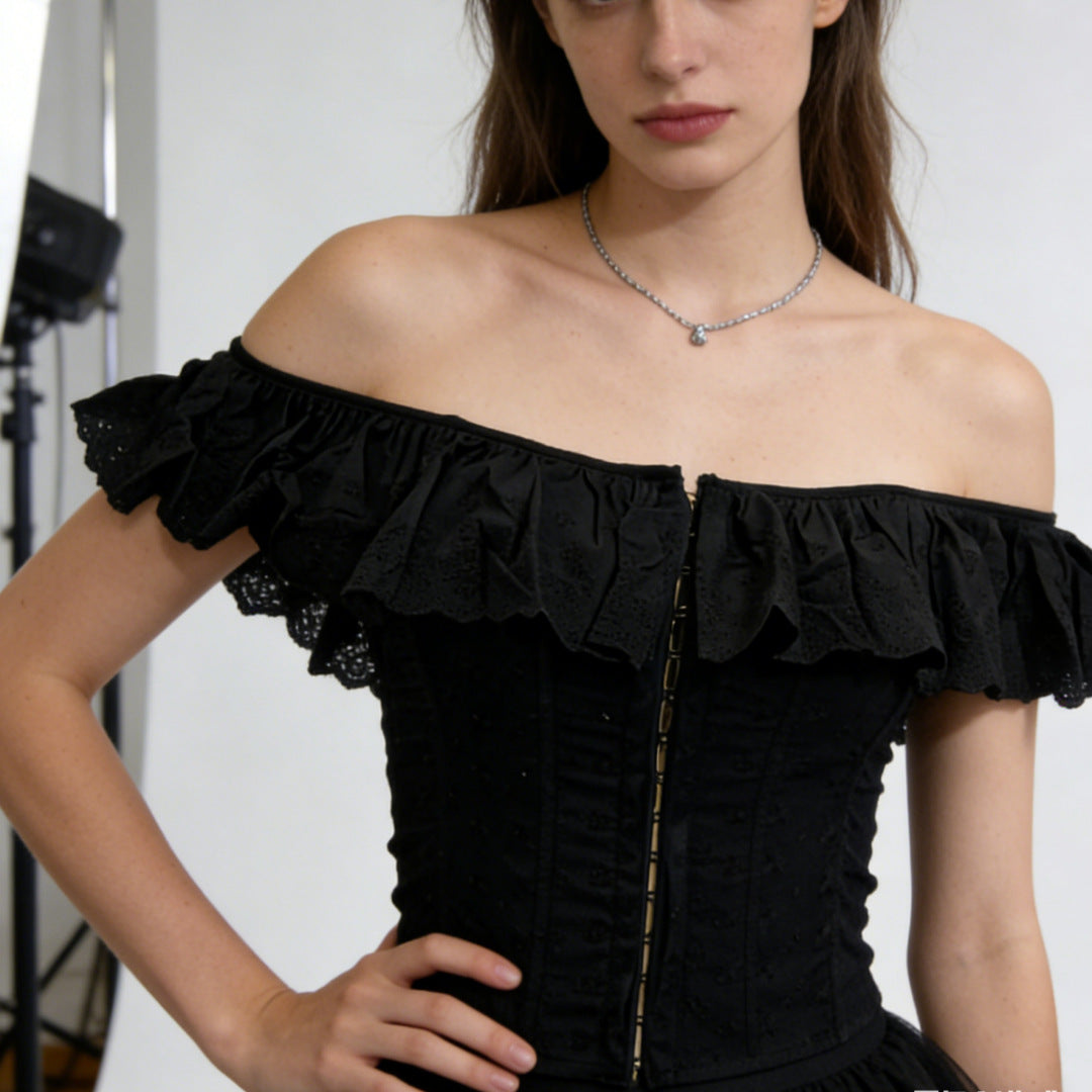 Off Shoulder Ruffle Corset Crop Top | Embroidered Lace-Up Back Bardot Blouse