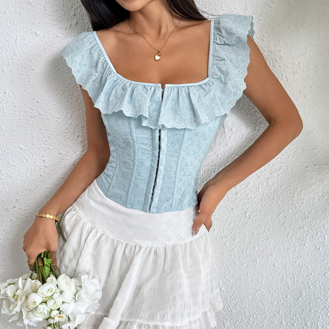 Off Shoulder Ruffle Corset Crop Top | Embroidered Lace-Up Back Bardot Blouse