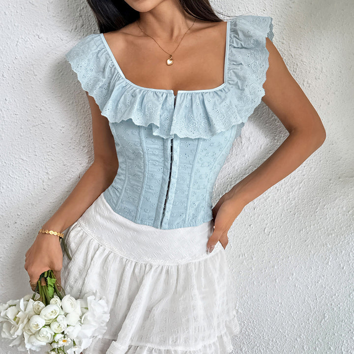 Off Shoulder Ruffle Corset Crop Top | Embroidered Lace-Up Back Bardot Blouse